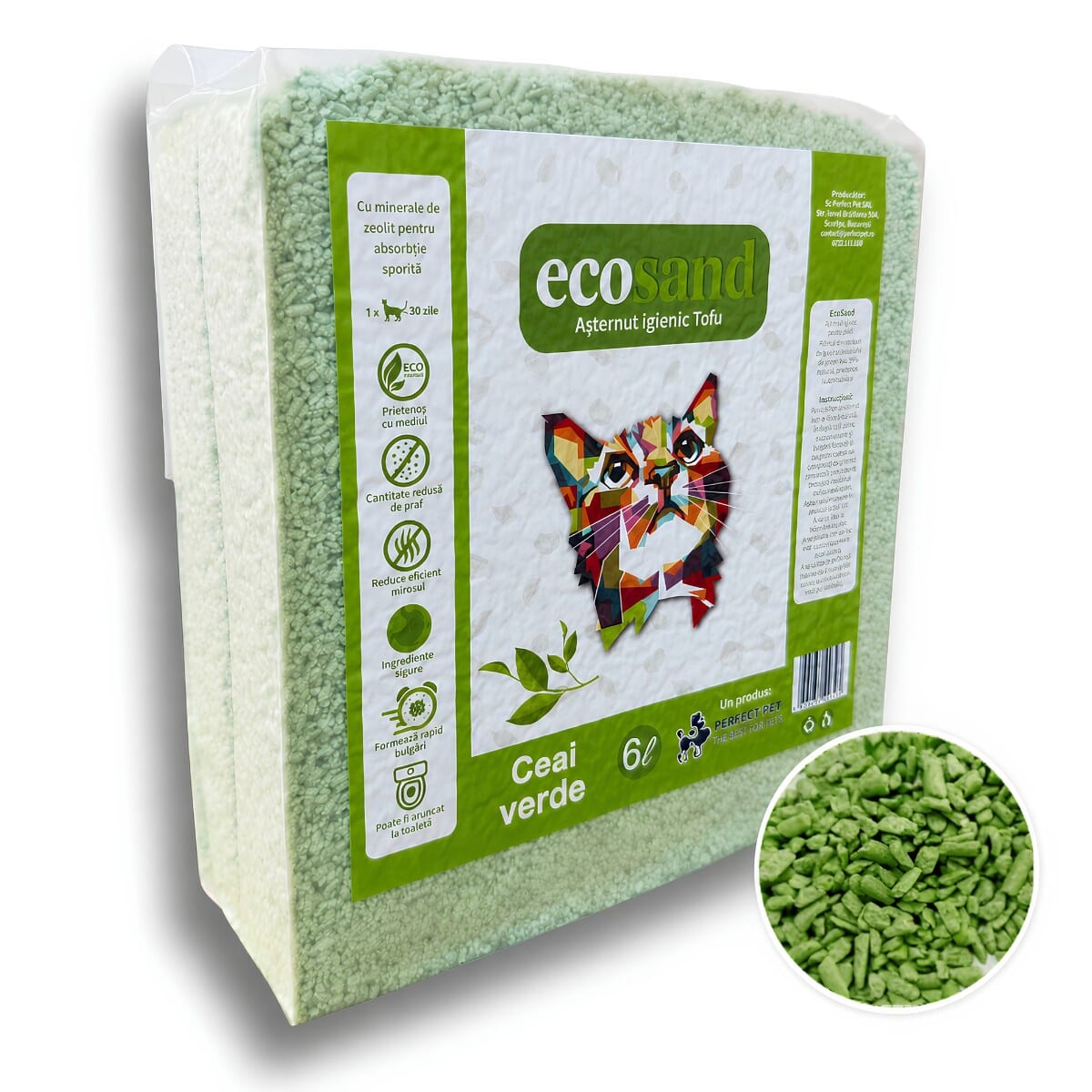 Asternut Ecosand MICRO – Ceai verde, 6L, litiere automate, pisici mofturoase