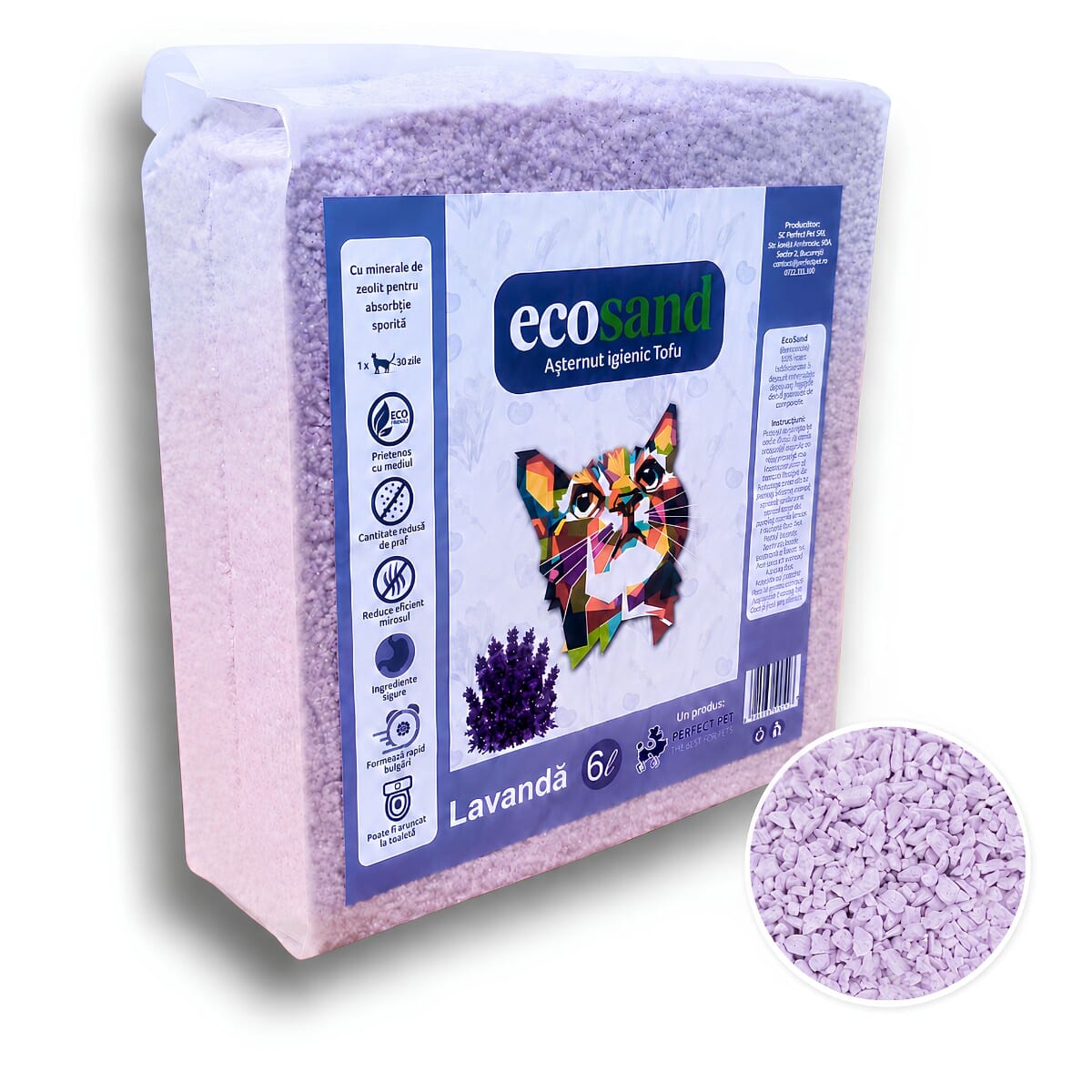 Asternut Ecosand MICRO – Lavanda, 6L, litiere automate, pisici mofturoase